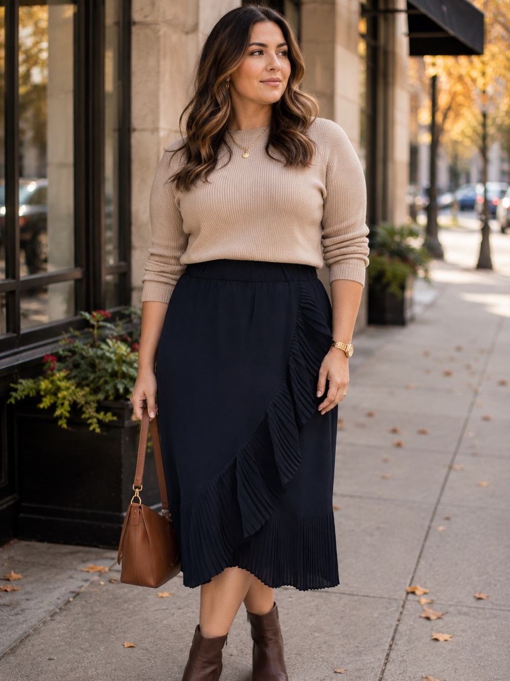 J. CREW Women's Navy Ruffle Pleated Midi Aline Skirt M